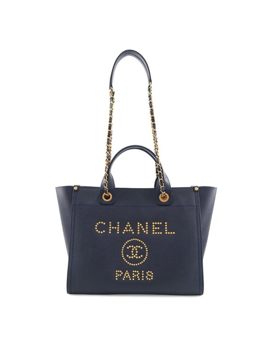 Chanel Tote Bag Deauville Shopping CC Logo Studs Caviar Leather 2-Way